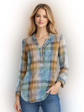 Anthropologie Isabella Sinclair Plaid Henley Tunic Shirt Ruffle Cotton Small